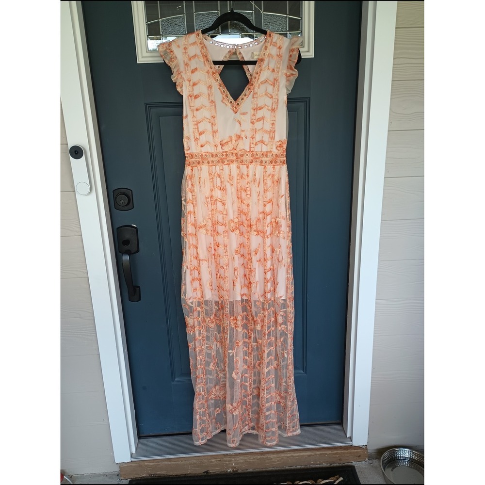 Altar'd State Juliana Lace Maxi Dress Romantic Floral Embroidered Cutout Mesh L